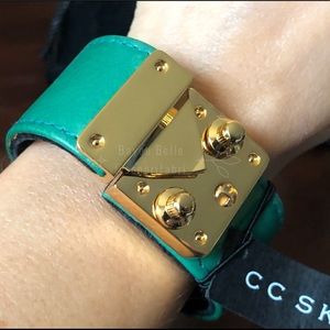 New CC Skye Wide Leather Lock Cuff Bracelet